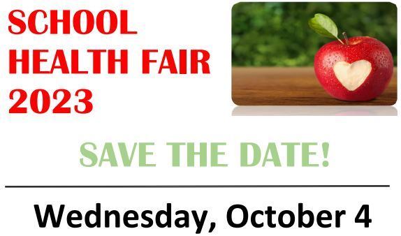 School Health Fair 2023 - Wednesday Oct 4.  Picture of apple .